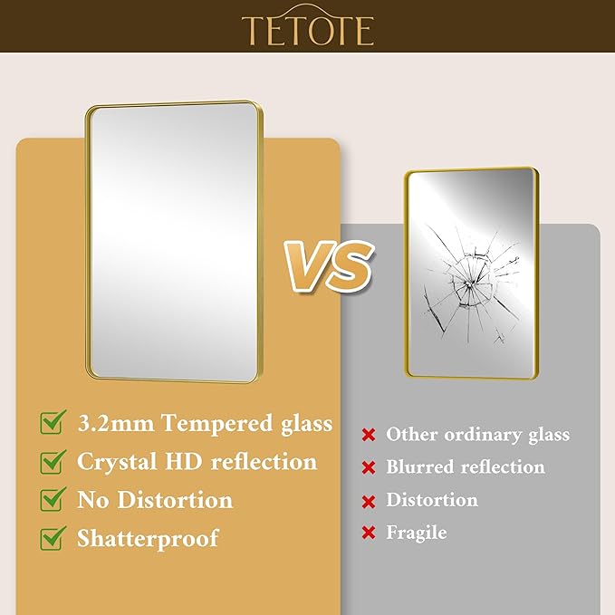 TETOTE 55 x 36 Gold Bathroom Mirror Brushed Gold Metal Framed Vanity Mirror, Tempered Glass, Wall Mounted for Bathroom, Entryway, Bedroom, Living Room(Horizontal/Vertical)