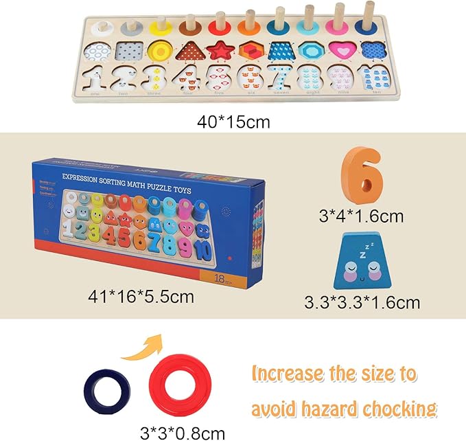QZMTOY Wooden Montessori Toys for Kids, Toddler Number Puzzles Sorter Counting Shape Stacker Stacking Game Preschool Toys for Boy Girl Learning Education Math Blocks Chunky Puzzles Gift for Toddlers