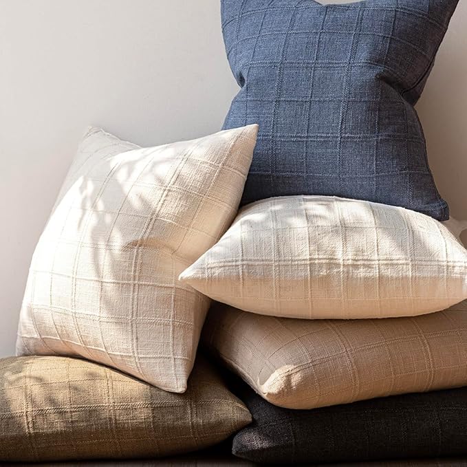Foindtower Set of 2 Decorative Linen Check Throw Pillow Covers Neutral Farmhouse Vintage Cushion Covers Modern Boho Home Decor For Sofa Chair Couch Bedroom Living Room Outdoor,18×18 Inch,Natural Beige