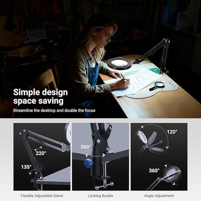 NEEWER Entry Level Version 10X Magnifying Glass with Light & Clamp Stand, 6.3" Dimmable Magnifier Lamp LED Ring Light for Desk with 3 Color Modes CRI80+ for Crafting Reading Close up Work, N19