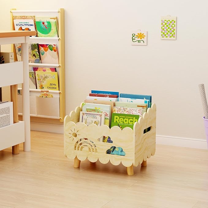 Wood Kids Bookshelf, Montessori Bookshelf, With 2 Adjustable Dividers, Suitable Kids Rooms, Nursery & Classroom, Kids Bookshelf And Toy Storage, Toddler Book Rack, Nursery Book Shelves, Kids Bookcase