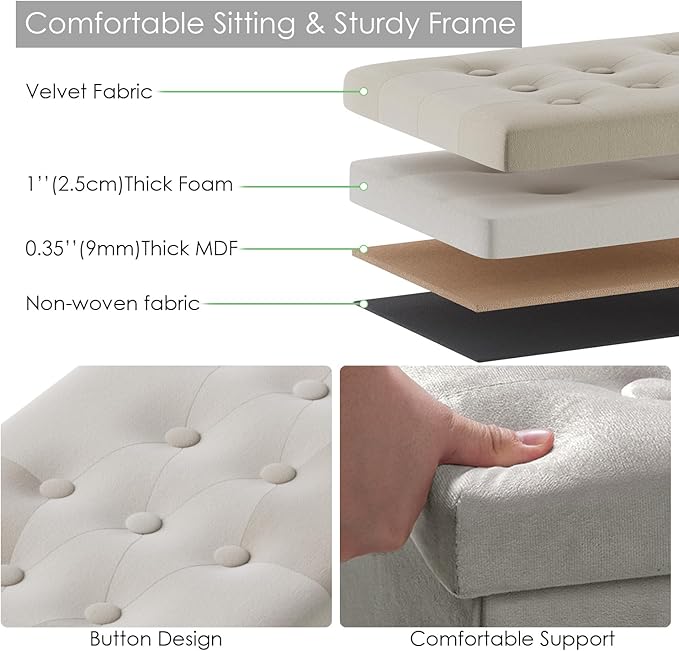PRANDOM Extra Large Ottoman with Storage [1-Pack] Velvet Folding Small Square Foot Stool with Lid for Living Room Bedroom Coffee Table Dorm Beige 30.5x15x15 inches