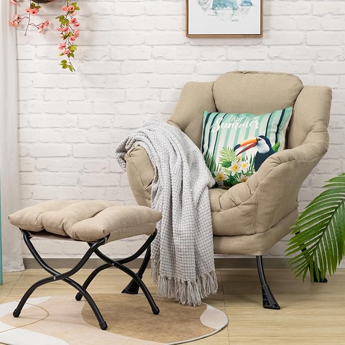 HollyHOME Fabric Lazy Chair with Foldable Ottoman, Accent Comfy Lounge Arm Chair and Folding Footrest Stool Set, Leisure Sofa Reading Chair and Footstool for Living Room, Bedroom, Dorm, Coffee&White