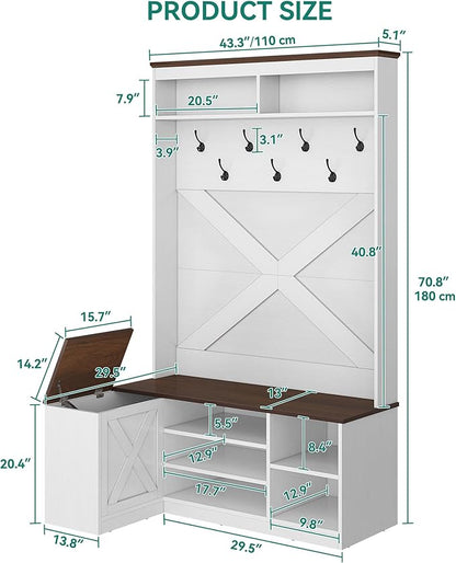 YITAHOME L-Shaped Hall Tree with Bench & Storage, Corner Entryway Organizer with 5 Shoe Shelves, Hidden Seat Compartment, Hooks & Open Top Storage for Living Room & Hallway, Walnut & Off-White