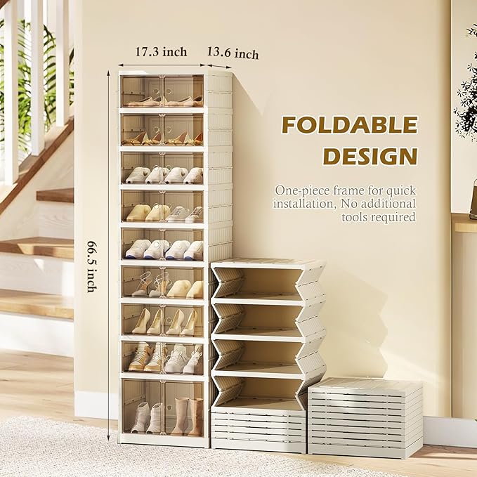 ELPHECO 9 Tier 18 Pairs Shoe Rack Organizer Foldable Sneaker Cabinet Bins, Stackable Shoe Storage Shelf, Collapsible Shoe Cabinet with Double Doors for Entryway