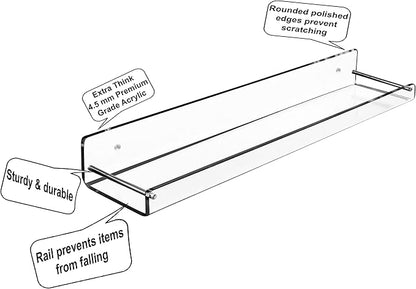 AMT 3 Pack Acrylic Floating Shelves, 15" L x 3.25" W, Clear Bathroom Wall Shelf, Bookshelves, Invisible Display for Office, Bedroom, Small Gap Allows Water to Escape, Free Screws & Drill Bit (Medium)