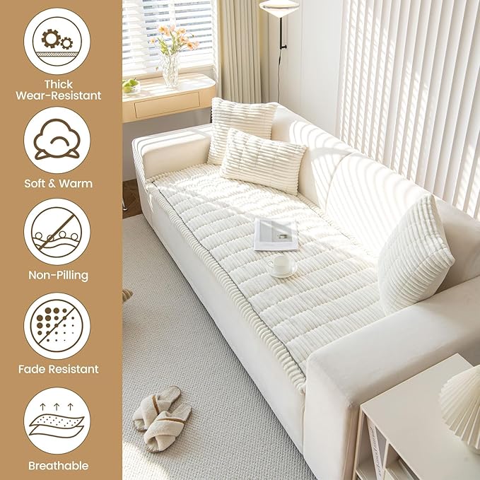OTOB Couch Covers for 3 Cushion Sofa Pet Friendly, Plush Fuzzy Non Slip Sofa Covers Washable, Soft All Seasons Sofa Slipcovers Furniture Protector Dog Bed Mat (Cream, 27.6" x 82.7")