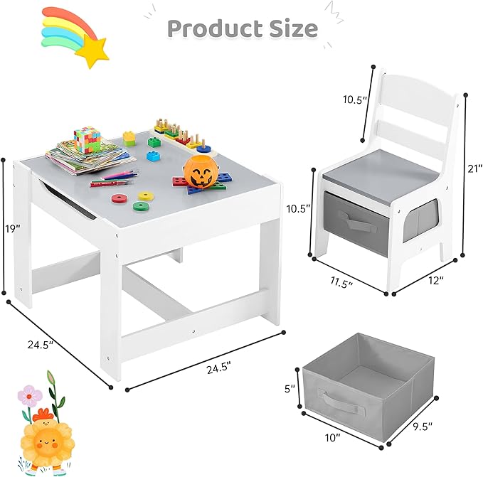 Kids Table and Chairs Set, 4 in 1 Wooden Kids Table with Reversible Tabletop, Children Activity Table with Removable Tabletop Storage, Toddler Table and Chair Set for Home, Nursery, Playroom