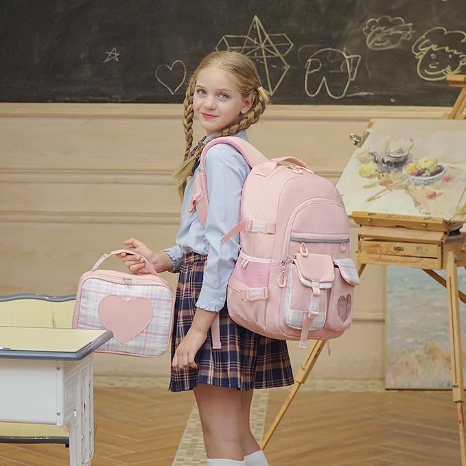Backpack for Girls - Bookbag Backpacks Schoolbag for Girls Kids Teen Women Casual Travel Daypacks - School Bag Elementary Middle School College Cute Backpack with Lunch Box (Pink)