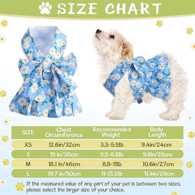 Sanwuta 4 Pack Harness Dog Dress Bowknot Leash Set Floral Princess Dog Harness Dress Vest with Leash Pet Doggy Outfits for Outdoor Walking, 4 Colors(Small)
