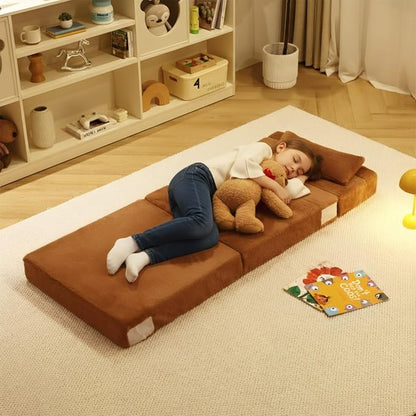 Tiita Convertible Folding Kids Sofa Bed with Pillow & Storage Bag, Plush Fabric Floor Mattress Couch Bed, Washable Cover, Kids Room, Playroom, Dorm, Apartment, Brown