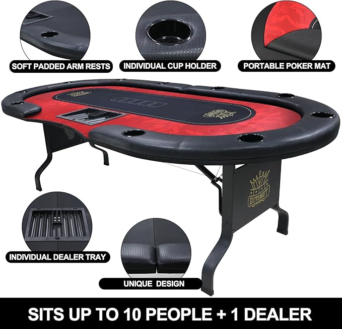 GUTSHOT Foldable Poker Table for 10 Players with 10 Chairs and Poker Chips Set - Premium Soft-Padded Armrest, Individual Cup Holders- Crafted with Durable Materials, Long-Lasting Poker Table