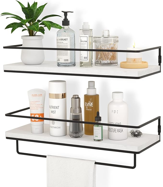 ZGO Floating Shelves for Wall Set of 2, Wall Mounted Storage Shelves with Black Metal Frame and Towel Rack for Bathroom, Bedroom, Living Room, Kitchen, Office (White)