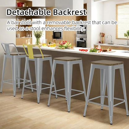 Silver Bar Stools Set of 4, Metal Bar Stools with Wooden Seat, Modern 30”Counter Height Barstools with Low Back