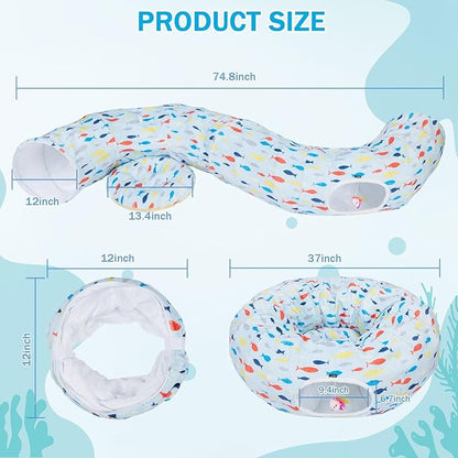 Ownpets Large Cat Tunnel Bed, Soft Plush Cat Donut Tunnel Bed with Washable Cushion, Peekaboo Cat Cave for Indoor Kitten, Puppy, Rabbit, Blue