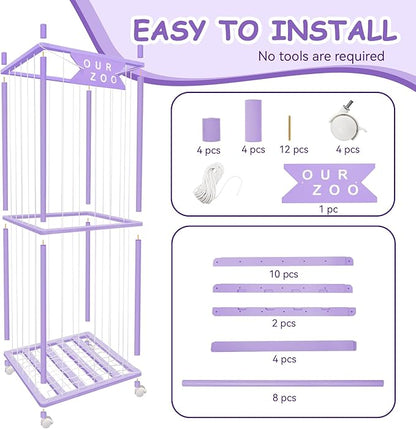 Stuffed Animal Storage Zoo with Wheels, Wooden Large Stuff Animals Plushies Holder Toy Organizer Kids Plush Storage Cage with Elastic Band and Net for Nursery Playroom Corner for Toddler (Purple)