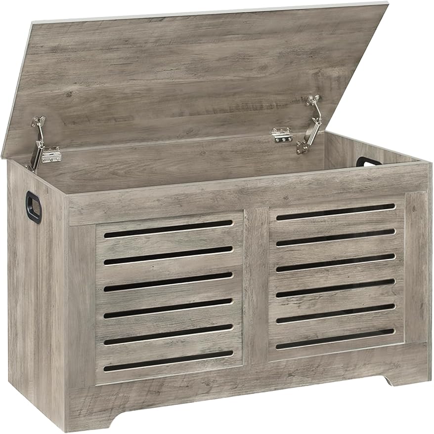 DINZI LVJ Storage Chest, Flip-Top Wooden Toy Box with 2 Safety Hinges, Entryway Shoe Storage Bench, Good Ventilation, Storage Trunk for Living Room, Bedroom, Easy Assembly, Grey Wash