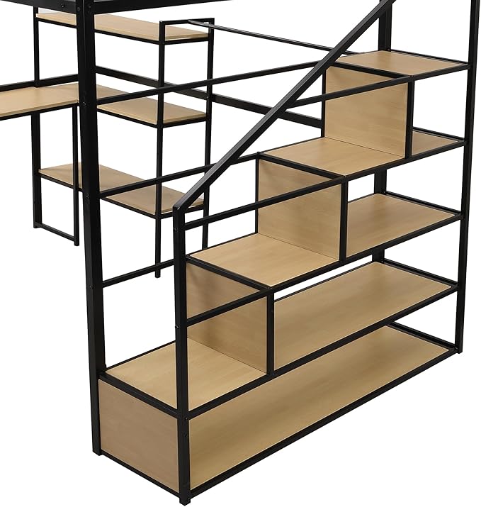Full Size Metal Loft Bed with Staircase,Full-Length Guardrails,a Built-in Desk and a 3-Tier Shelf,No Box Spring Needed,Noise Free,for Juniors&Adults,Black