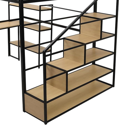 Full Size Metal Loft Bed with Staircase,Full-Length Guardrails,a Built-in Desk and a 3-Tier Shelf,No Box Spring Needed,Noise Free,for Juniors&Adults,Black