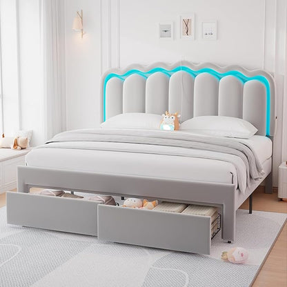 King Upholstered LED Bed Frame with 2 Storage Drawers and Adjustable Chic Double Wavy Headboard, Velvet Princes Platform Bed with Charing Station, Solid Wood Slats Support, No Box Spring Needed, Grey
