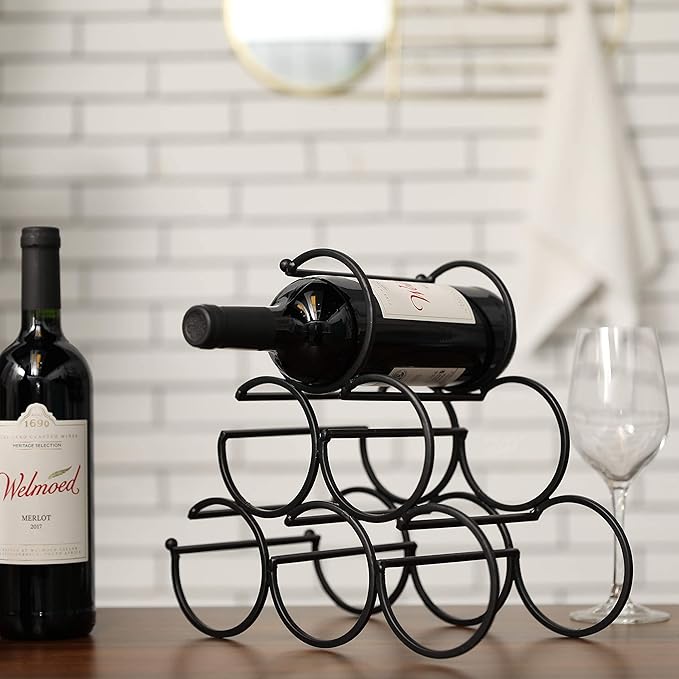 JHY DESIGN Iron Tabletop Wine Rack 11.5''x6''x10.5'' Rustic Wine Bottle Rack Storage Wine Shelf Freestanding Wine Holder Portable Wine Cabinet Mini Bar for Home Counter(6 Bottles Design Dia 3.5inch)