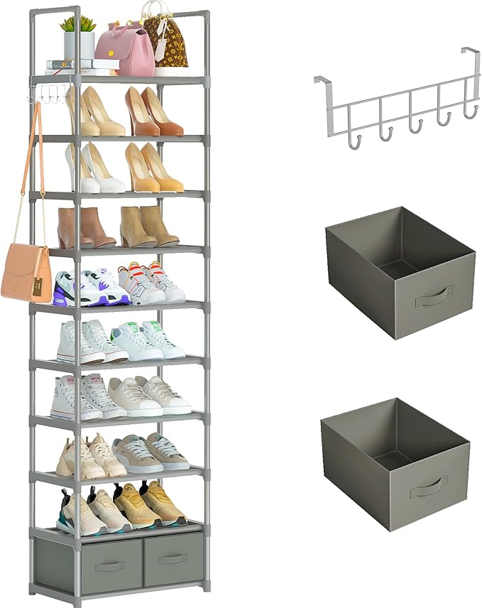 Shoe Rack, Sturdy Metal Shoes Rack Organizer,Narrow Shoe Rack,Shoe Racks for Closets,Shoes Rack,Shoe Stand,Shoe Shelf (10 Tier with 2 Boxes and 1 Hook)