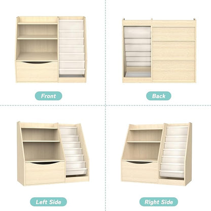 TOETOL 3 Tier Kids Bookshelf and Book Storage，6 Sling Toddler Bookshelf, Storage Boxes Book Shelf & Organizer for Nursery Playroom Classroom Library Bedroom Natural Wood