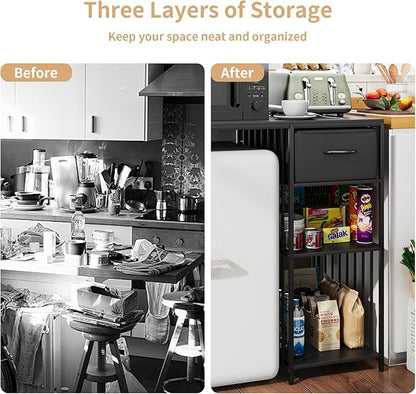 VOWNER Mini Fridge Cabinet with Power Outlet, 3-Tier Industrial Style Kitchen Microwave Stand Baker Rack with Drawer, Utility Storage Shelf for Home Kitchen Dorm Office, Black, 35" Lx22 Wx37 H