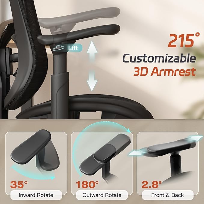Ergonomic Office Chair, Mesh Desk Chair with Footrest, 3D Armrest - 215° Rotation, Adjustable Lumbar Support & Headrest, 90°-120° Tilt Lock, Big and Tall Computer Gaming Chairs, Black