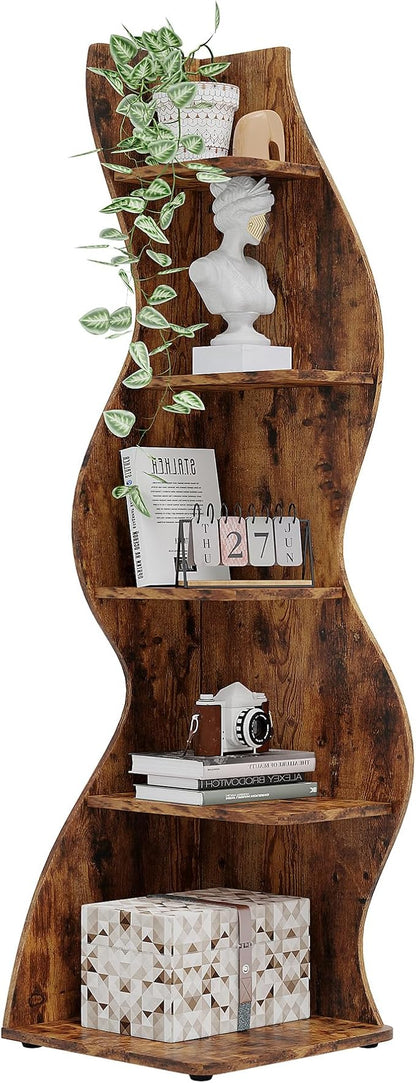 Tribesigns Corner Shelf, Rustic 5-Tier Wall Corner Bookshelf, Stylish Corner Small Bookcase Storage Rack Plant Stand with Unique Shape for Living Room, Home Office (1PC, Brown)
