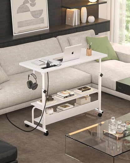 Armocity Height Adjustable Standing Desk with Power Outlets, 32" Manual Stand Up Desk with Storage Shelves Small Mobile Rolling Computer Desks Portable Laptop Table with Wheels for Home Office, White