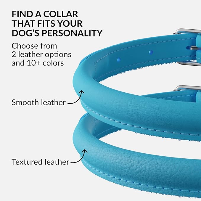 CollarDirect Rolled Leather Dog Collar, Soft Padded Round Puppy Collar, Handmade Genuine Leather Collar Dog Small Large Cat Collars 13 Colors (18-22 Inch, Light Blue Smooth)