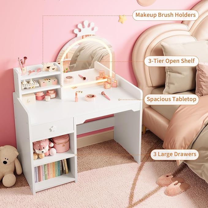 IDEALHOUSE Kids Vanity Table and Chair Set with Mirror and Lights, White Makeup Vanity Desk with Drawer and Open Storage Shelves, Wooden Dressing Table for Little Girls Bedroom