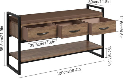 Shoe Bench, 39.4" Shoe Storage with Cushion, Industrial Rack Organizer with Fabric Drawers for Entryway, Hallway, Brown