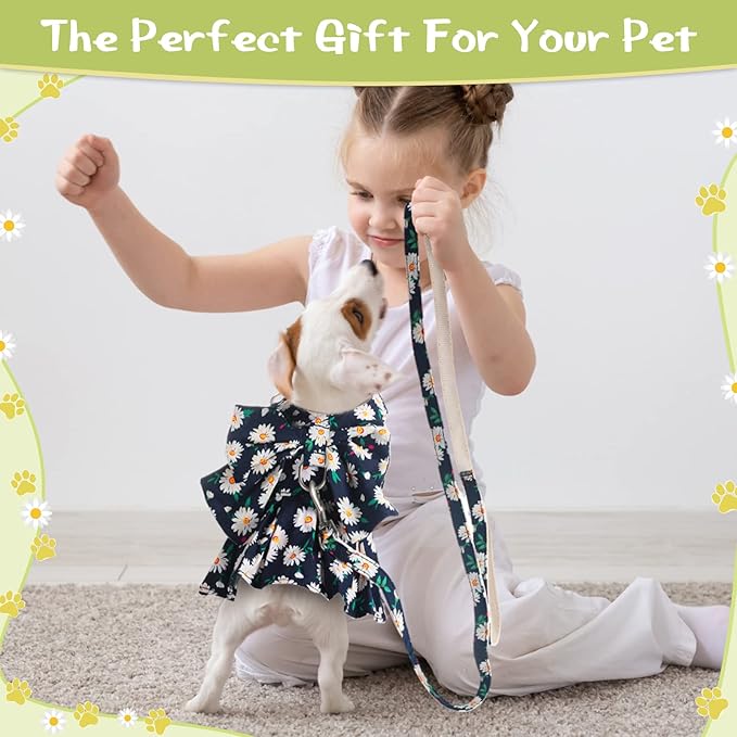 Sanwuta 4 Pack Harness Dog Dress Bowknot Leash Set Floral Princess Dog Harness Dress Vest with Leash Pet Doggy Outfits for Outdoor Walking, 4 Colors(Small)