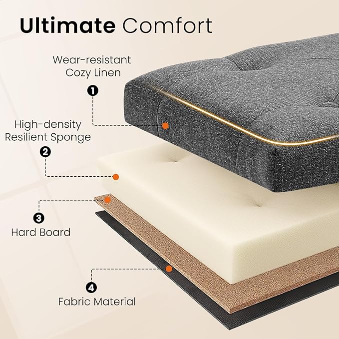 Furniliving Ottoman Bench with Storage, Folding Storage Ottoman Bench with Wood Legs, Upholstered Bedroom Bench with Button-Tufted, Entryway Bench Storage Bench for Bedroom, Linen (Darkgrey)