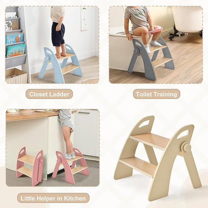 Wooden 2 Step Stool for Kids Bathroom Sink Foldable Anti-Slip 2-Step for Toilet Potty Training, Child Stepping Stool for Kitchen Nursery Bedroom, Sturdy Non Slip Adult Stool for Closet
