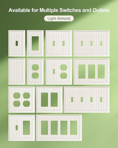 2-Pack Classic Beadboard Decorator Wall Plate Cover, Light Almond Decorative Switch Plates and Outlet Covers, Durable Natural Bamboo Fiber Wall Plates for Electrical Outlets, Receptacle, GFCI Outlet