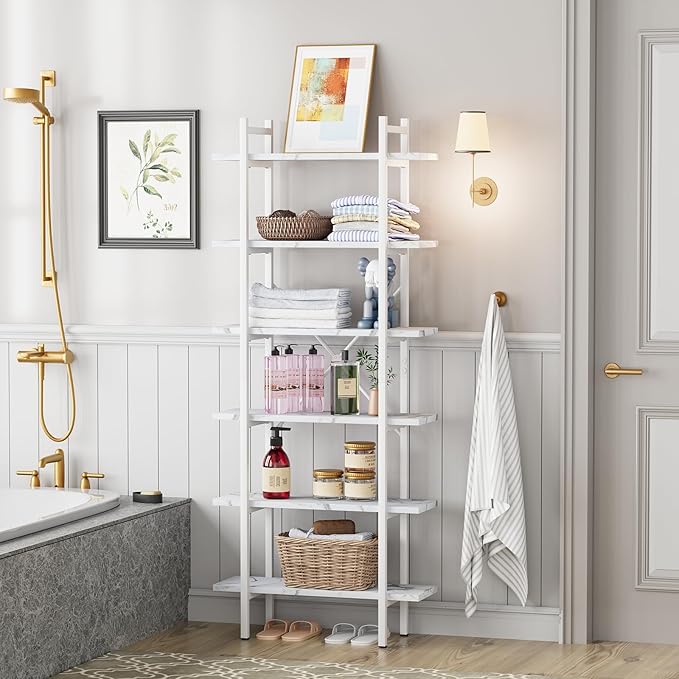 Bookshelf 6 Tiers White Wooden Storage Shelf,Modern Open Display Storage Bookcase Book Organizer,Metal Bookshelf Standing Storage Shelf Tall Shelving Units for Home Office Study