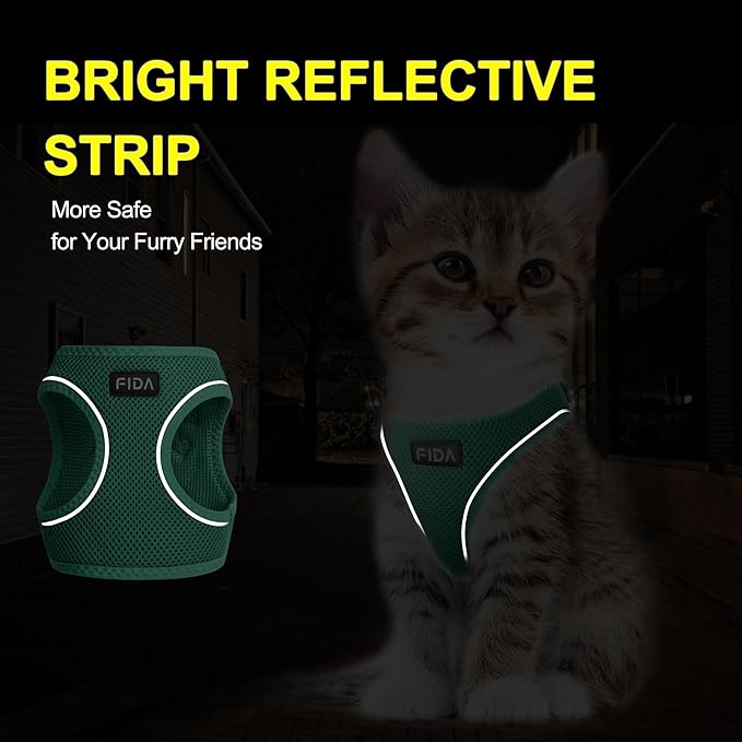 Fida Cat Harness and Leash Set for Walking Kitten and Puppy, Escape Proof Kitten Harness with Breathable Lightweight Soft Mesh, Adjustable Reflective Step-in Design. (XXXS, Green)