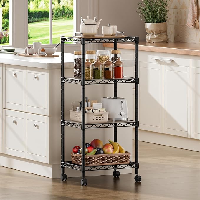 SINGAYE 4 Small Shelves Storage Shelf Wire Shelving Unit Metal Shelf Adjustable Organizers Storage Shelving with Wheels for Bathroom Laundry Room Kitchen Pantry11.5”D x 17.3”W x 44.5”H Black