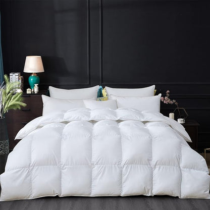 Luxurious All-Season Goose Down Feather Fiber Comforter Queen Size Duvet Insert, Premium White Solid Plain Design, Premium Baffle Box, 100% Egyptian Cotton, 70 oz Fill Weight
