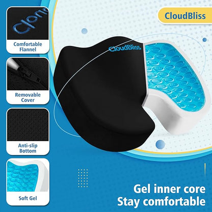 CloudBliss Gel Seat Cushion - Cooling Gel Enhanced Memory Foam Ergonomic Seat Cushion for Long Sitting for Office, Game, Car, Automotive, Airplane (Large, Black)