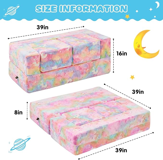 Modular Kids Couch, Glow in The Dark Sofa 3 in 1 Fold Out Kids Sofa with Washable and Durable Covers for Boys, Rainbow Unicorn