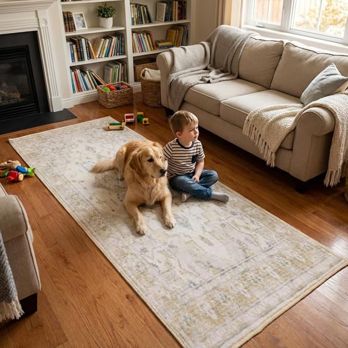 Muddy Mat짰 Champagne 3ft x 7ft Washable Area Rugs for Living Room, Bedroom & Dining Room ??Modern Soft Low Pile Non Slip Carpet ??Pet Friendly Waterproof Foldable Rugs for Home