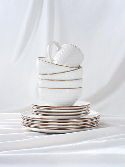 Famiware Eden Plates and Bowls Sets, Stoneware Dinnerware Sets with Gold Trim, 18 Pieces Dishes Set for 6 - Chip and Scratch Resistant, Microwave and Dishwasher Safe, White Circle
