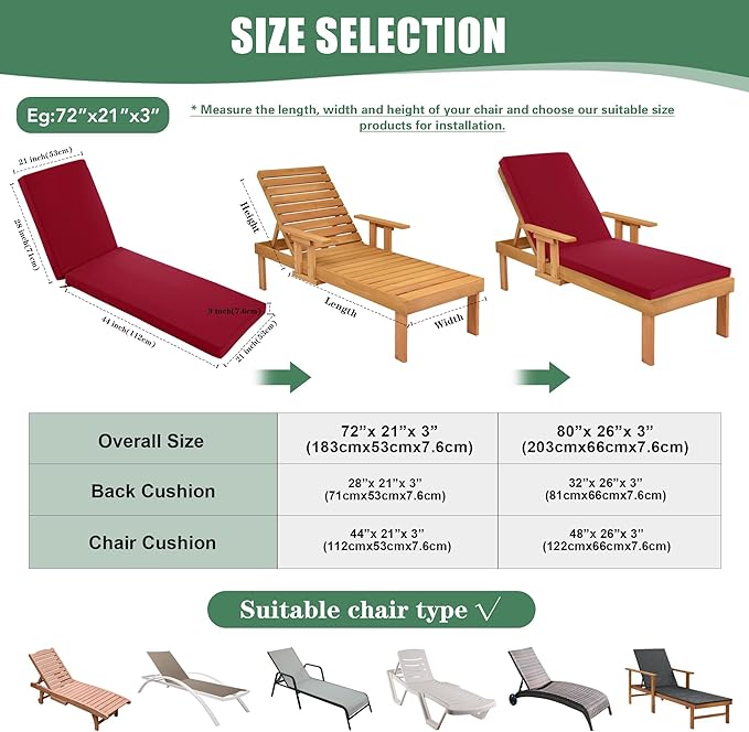 Chaise Lounge Cushions Outdoor - Waterproof and Fade Resistant Sun Lounger Replacement Cushions - Patio Lounger Pads with Removable Cover for Pool, Deck, Lawn, 80 x 26 x 3 Inch, Red
