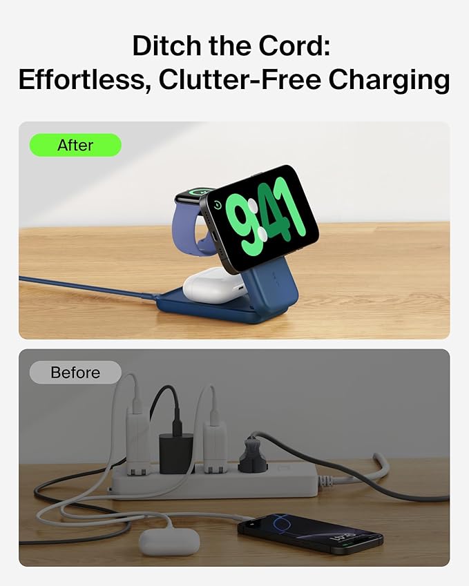 Belkin MagSafe Charger Compatible, 3-in-1 Charging Station, Qi2.2 25W Magnetic Wireless Charger Dock, Foldable Charging Stand for iPhone 17/16/15, Apple Watch, AirPods, Pixel 10 (45W Adapter Included)