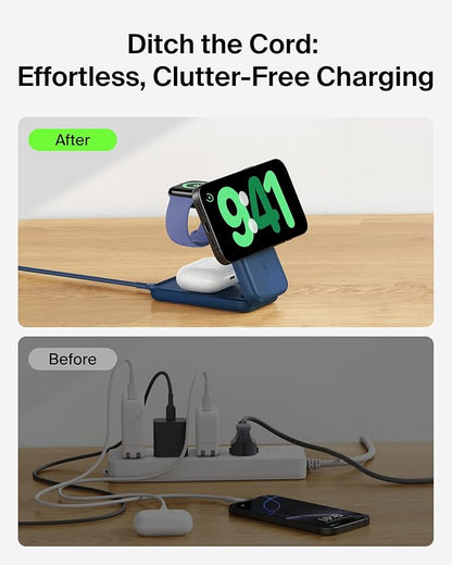 Belkin MagSafe Charger Compatible, 3-in-1 Charging Station, Qi2.2 25W Magnetic Wireless Charger Dock, Foldable Charging Stand for iPhone 17/16/15, Apple Watch, AirPods, Pixel 10 (45W Adapter Included)
