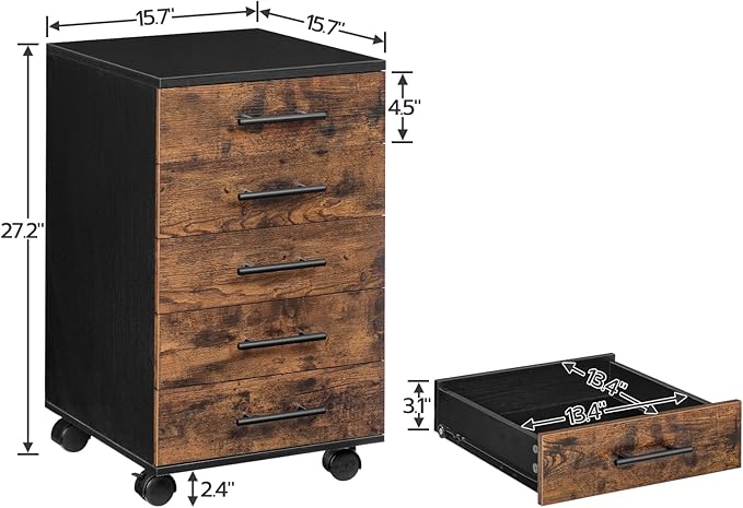 HOOBRO 5-Drawer File Cabinet, Office Filing Cabinet with Drawers, Wooden Mobile Storage Cabinet with Wheels, for Makeup, Home Office, Easy Assembly, Rustic Brown BF05WJ01G1